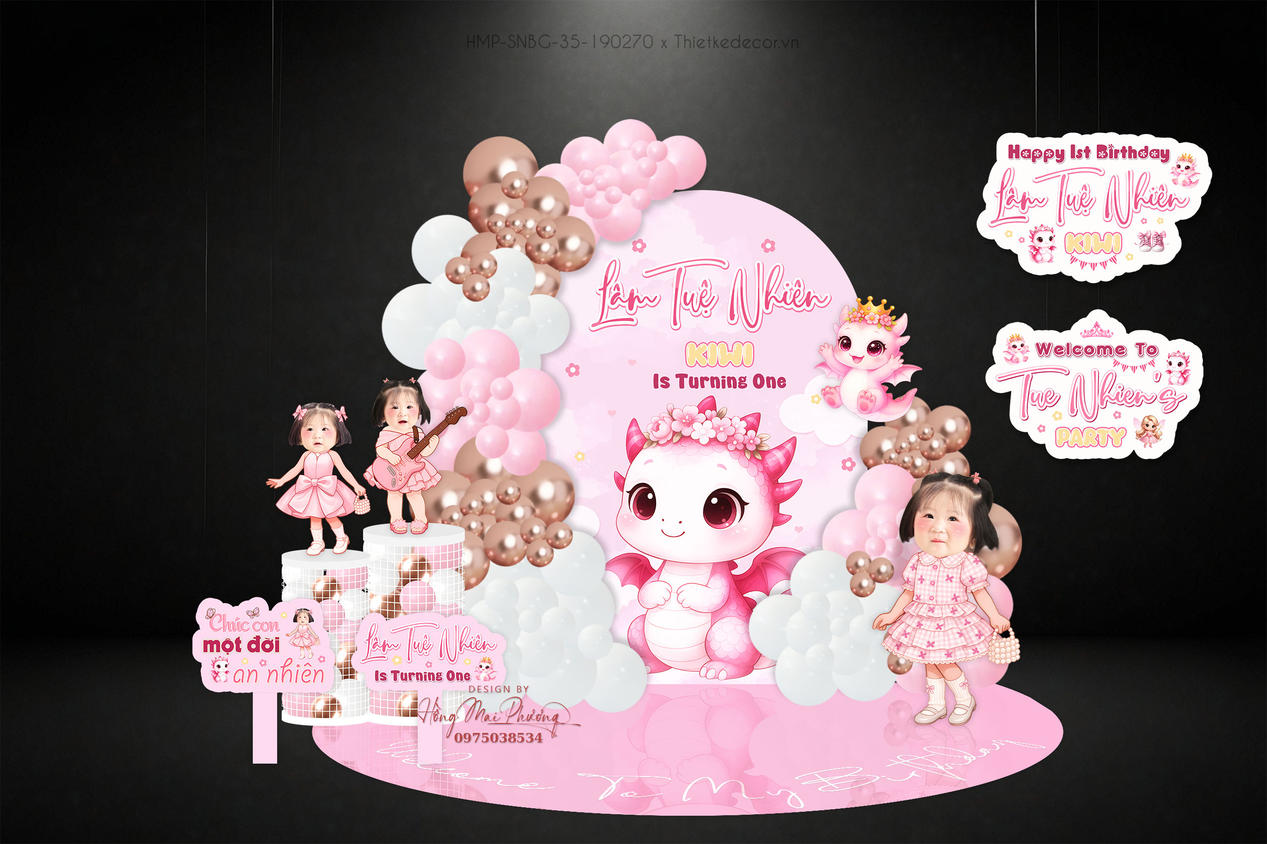 Sinh nhật bé gái tuổi rồng tone hồng kèm bảng treo